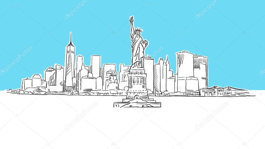 Liberty Statue With New York City Skyline Panorama Vector Sketch