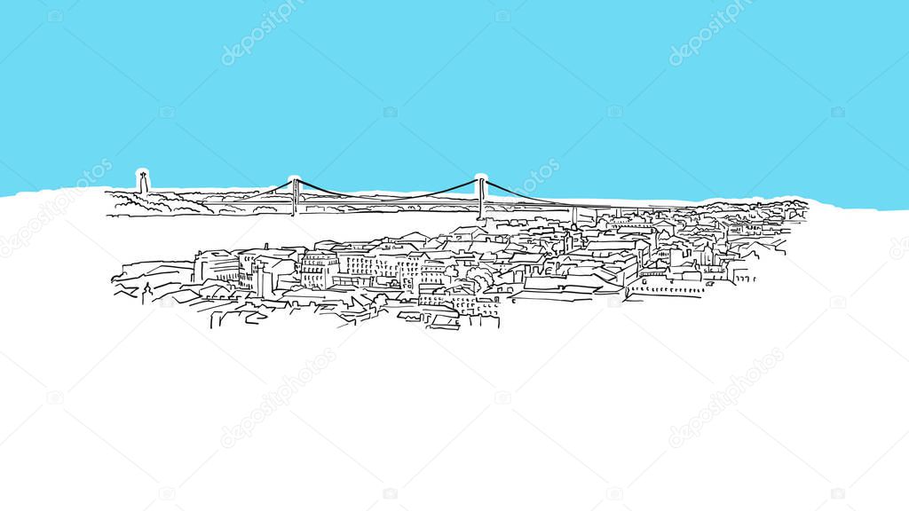Lisbon, Portugal Skyline Panorama Vector Sketch