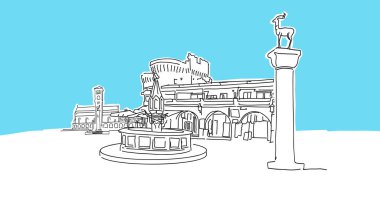 Rodos Yunanistan Lineart Vektör Sketch