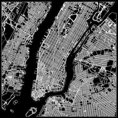 Siyah üzerine Manhattan NY haritası. Siyah beyaz el çizimi. Yazdırma ve etiketleme için simge işareti.