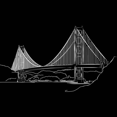 Golden Gate Köprüsü çizimi. Siyah beyaz el çizimi. Yazdırma ve etiketleme için simge işareti.