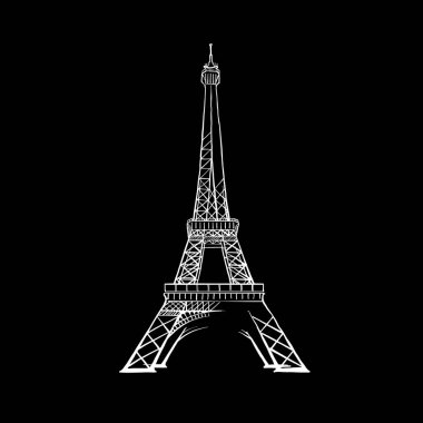 Paris Eyfel Kulesi çizimi. Siyah beyaz el çizimi. Yazdırma ve etiketleme için simge işareti.