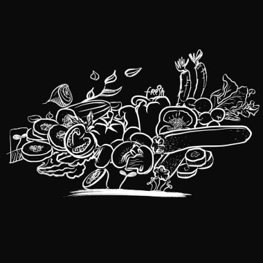 Sebze tebeşiri beste yapıyor. Siyah beyaz el çizimi. Yazdırma ve etiketleme için simge işareti.