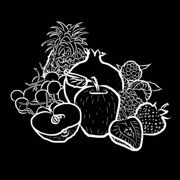 Organikus Gyümölcsök Feketén Fekete Fehér Kézzel Rajzolt Illusztráció Nyomtatás Címkézés — Stock Vector