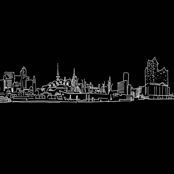 Dibujo Del Horizonte Hamburgo Ilustración Dibujada Mano Blanco Negro Signo — Vector de stock