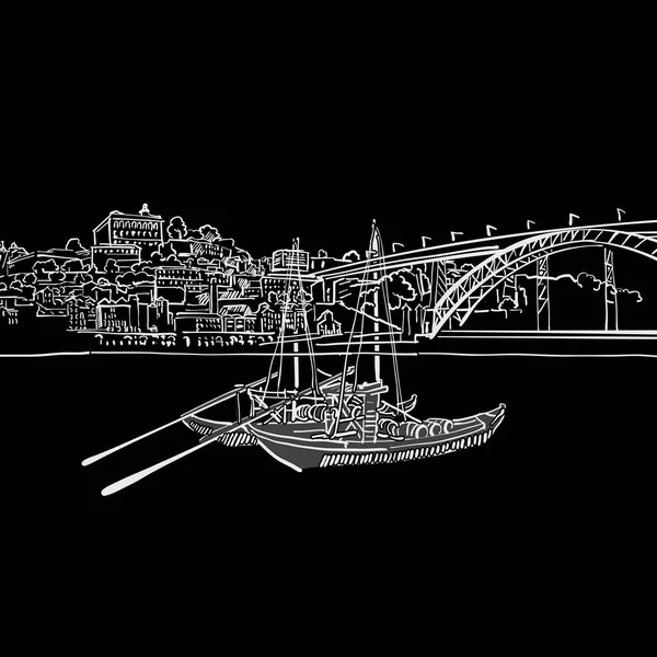 Disegno Dello Skyline Porto Illustrazione Disegnata Mano Bianco Nero Icona — Vettoriale Stock