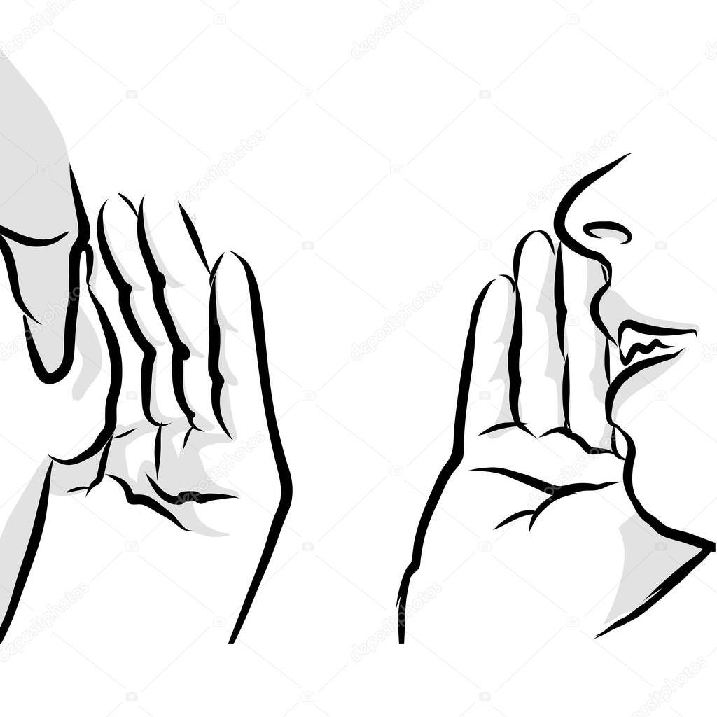 Telling secrets scene. Black and white hand drawn illustration. Icon sign for advertising.