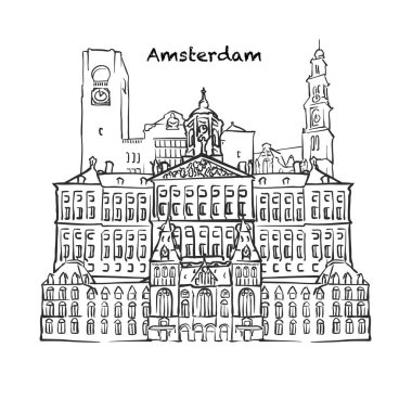 Amsterdam, Hollanda 'nın ünlü binaları. Elle çizilmiş siyah-beyaz vektör çizimi. Gruplu ve taşınabilir nesneler.