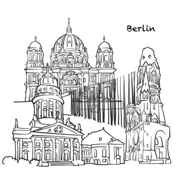 Berlin 'in ünlü binaları, Almanya Kompozisyonu. Elle çizilmiş siyah-beyaz vektör çizimi. Gruplu ve taşınabilir nesneler.