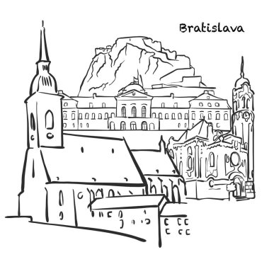 Bratislava 'nın ünlü binaları, Slovakya Kompozisyonu. Elle çizilmiş siyah-beyaz vektör çizimi. Gruplu ve taşınabilir nesneler.