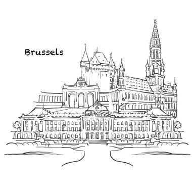 Famous buildings of Brussels, Belgium Composition. Hand-drawn black and white vector illustration. Grouped and movable objects. clipart