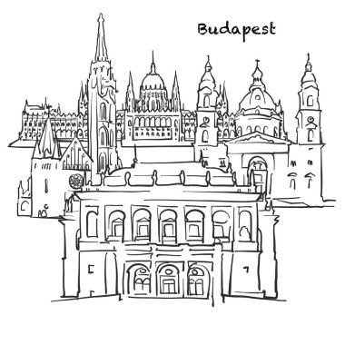 Budapeşte, Macaristan 'ın ünlü binaları. Elle çizilmiş siyah-beyaz vektör çizimi. Gruplu ve taşınabilir nesneler.