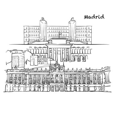 Madrid 'in ünlü binaları, İspanya Kompozisyonu. Elle çizilmiş siyah-beyaz vektör çizimi. Gruplu ve taşınabilir nesneler.