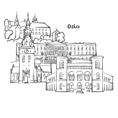 Oslo 'nun ünlü binaları, Norveç Kompozisyonu. Elle çizilmiş siyah-beyaz vektör çizimi. Gruplu ve taşınabilir nesneler.