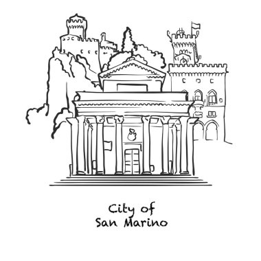 San Marino şehrinin ünlü binaları, San Marino Kompozisyonu. Elle çizilmiş siyah-beyaz vektör çizimi. Gruplu ve taşınabilir nesneler.