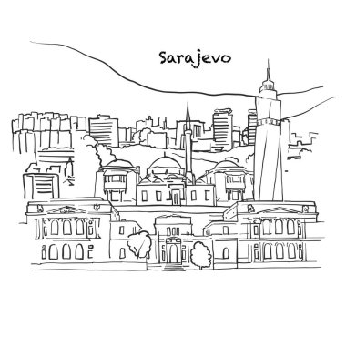 Saraybosna 'nın ünlü binaları, Bosna-Hersek Kompozisyonu. Elle çizilmiş siyah-beyaz vektör çizimi. Gruplu ve taşınabilir nesneler.