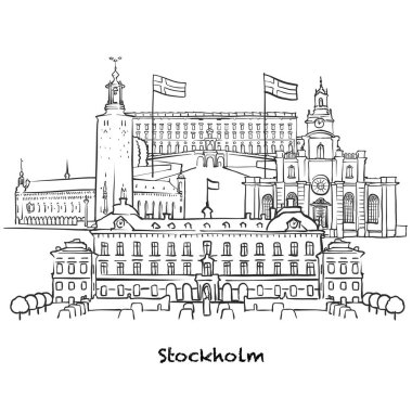 Stockholm 'ün ünlü binaları, İsveç Kompozisyonu. Elle çizilmiş siyah-beyaz vektör çizimi. Gruplu ve taşınabilir nesneler.
