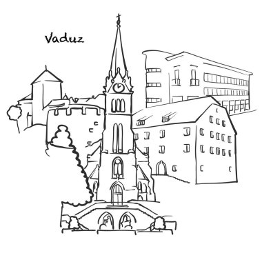 Vaduz 'un ünlü binaları, Lihtenştayn Kompozisyonu. Elle çizilmiş siyah-beyaz vektör çizimi. Gruplu ve taşınabilir nesneler.