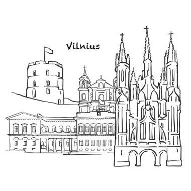 Litvanya Kompozisyonu Vilnius 'un ünlü binaları. Elle çizilmiş siyah-beyaz vektör çizimi. Gruplu ve taşınabilir nesneler.