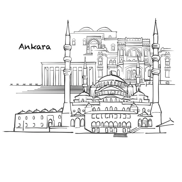 Edificios Famosos Ankara Composición Turca Ilustración Vectorial Dibujada Mano Blanco — Vector de stock