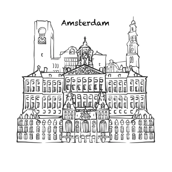 Berömda Byggnader Amsterdam Nederländerna Sammansättning Handritad Svart Och Vit Vektor — Stock vektor