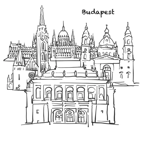 Edifícios Famosos Budapeste Hungria Composição Ilustração Vetor Preto Branco Desenhado —  Vetores de Stock