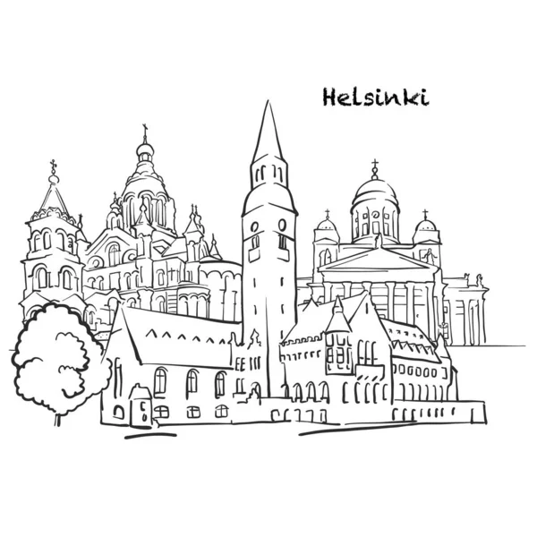 Edificios Famosos Helsinki Finlandia Composición Ilustración Vectorial Dibujada Mano Blanco — Vector de stock