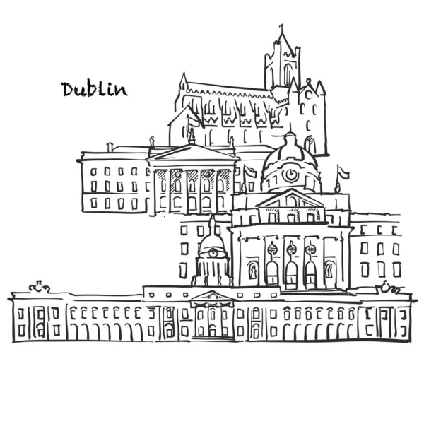 Famous Buildings Dublin Ireland Composition Hand Drawn Black White Vector — Stock Vector