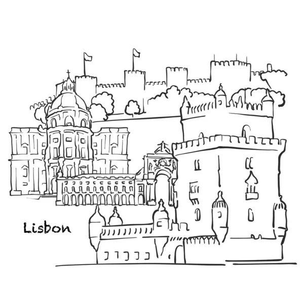 葡萄牙里斯本的著名建筑 手绘黑白矢量图解 分组和移动物体 — 图库矢量图片
