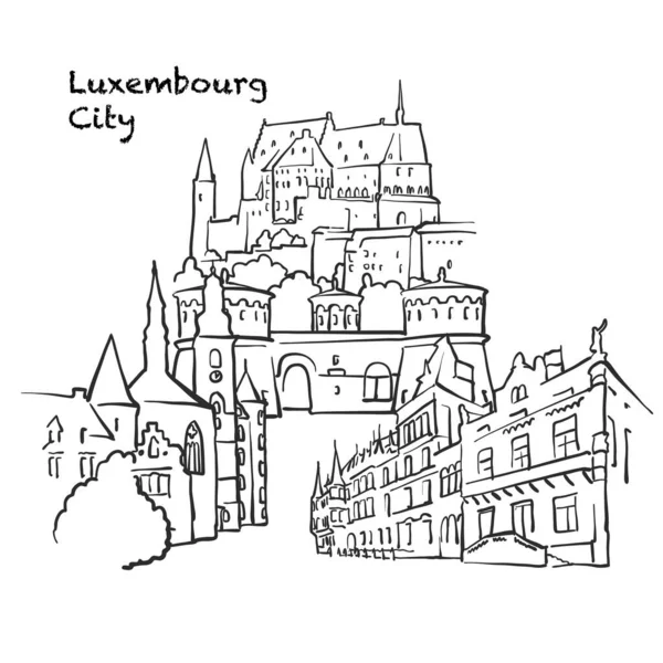 Famous Buildings Luxembourg City Luxembourg Composition Hand Drawn Black White — Stock Vector