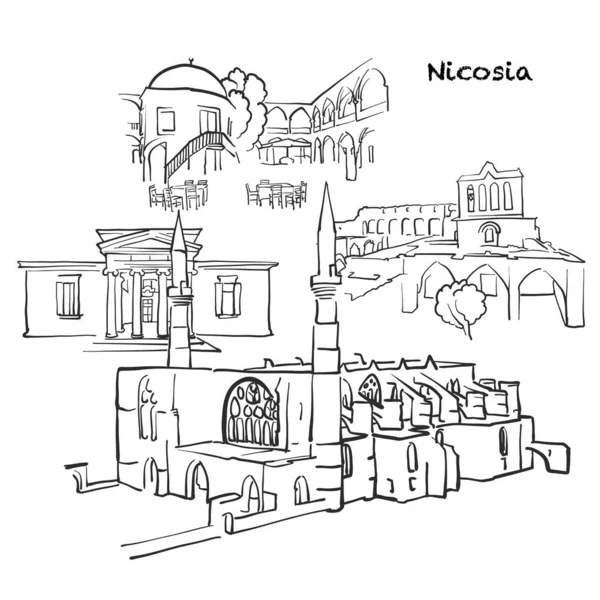 Edificios Famosos Nicosia Chipre Composición Ilustración Vectorial Dibujada Mano Blanco — Archivo Imágenes Vectoriales
