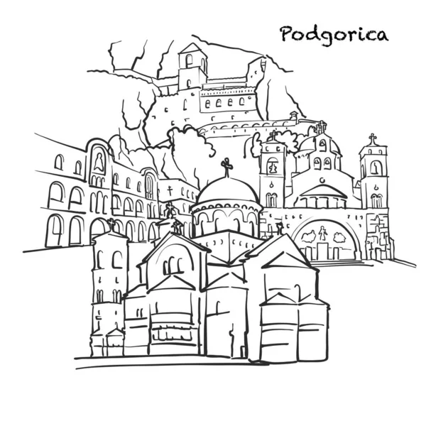 Edificios Famosos Podgorica Montenegro Composición Ilustración Vectorial Dibujada Mano Blanco — Archivo Imágenes Vectoriales