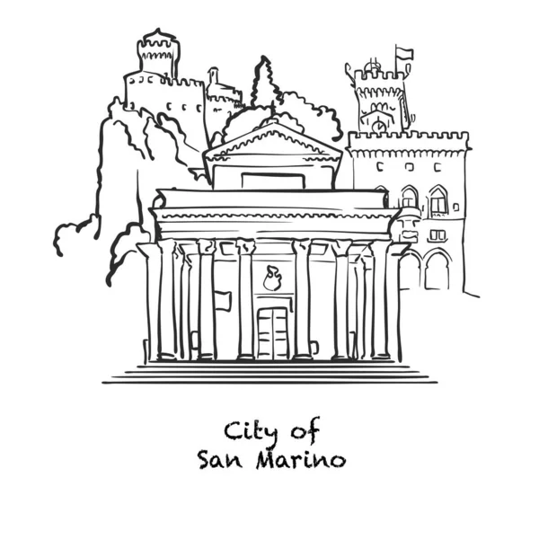 圣马利诺市著名建筑 圣马力诺建筑 手绘黑白矢量图解 分组和移动物体 — 图库矢量图片