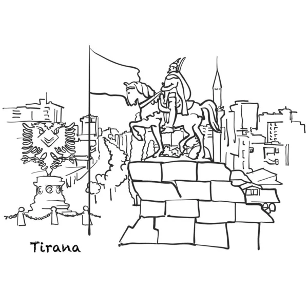 Edifícios Famosos Tirana Albânia Composição Ilustração Vetor Preto Branco Desenhado — Vetor de Stock
