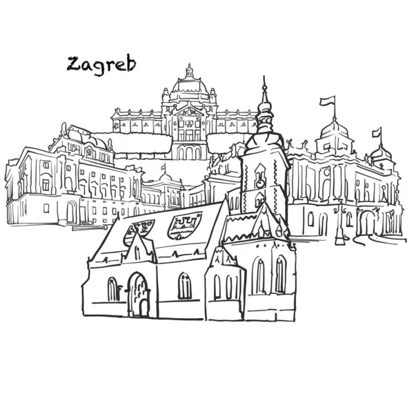 Bâtiments Célèbres Zagreb Croatie Hrvatska Composition Illustration Vectorielle Noir Blanc — Image vectorielle