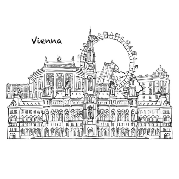 Famosi Edifici Vienna Austria Composizione Illustrazione Vettoriale Bianco Nero Disegnata — Vettoriale Stock