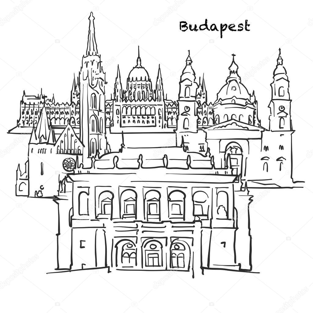 Famous buildings of Budapest, Hungary Composition. Hand-drawn black and white vector illustration. Grouped and movable objects.