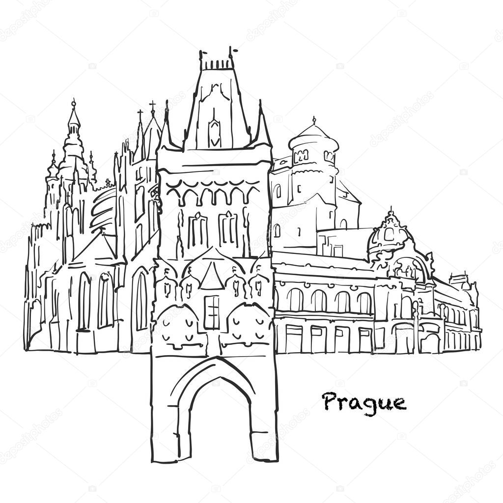Famous buildings of Prague, Czech Republic Composition. Hand-drawn black and white vector illustration. Grouped and movable objects.