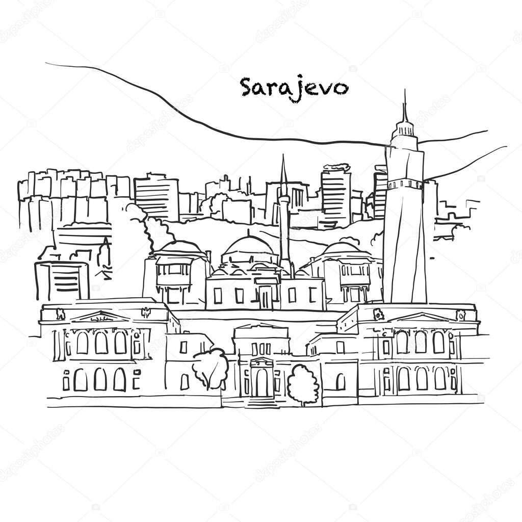 Famous buildings of Sarajevo, Bosnia & Herzegovina Composition. Hand-drawn black and white vector illustration. Grouped and movable objects.