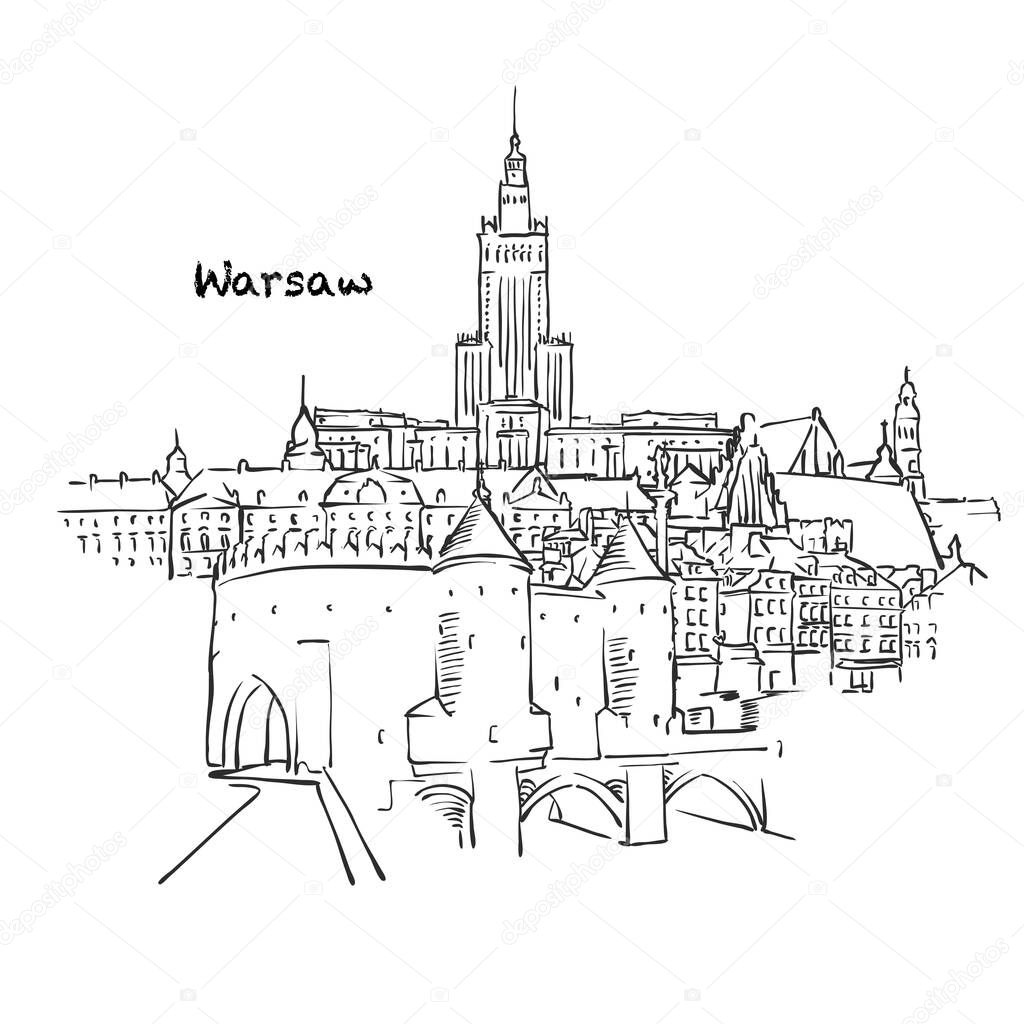 Famous buildings of Warsaw, Poland Composition. Hand-drawn black and white vector illustration. Grouped and movable objects.