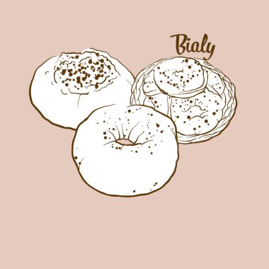 Elle çizilmiş Bialy ekmek çizimi. Maya ekmeği, genellikle Orta Avrupa 'da bilinir. Vektör çizim serisi.
