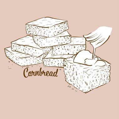 Elle çizilmiş mısır ekmeği çizimi. Mısır ekmeği, genellikle Amerika 'da bilinir. Vektör çizim serisi.