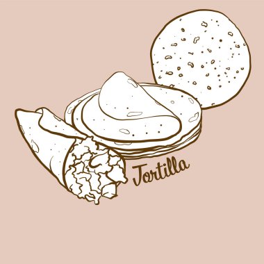 Elle çizilmiş Tortilla ekmeği çizimi. Flatbread, genellikle Meksika 'da bilinir. Vektör çizim serisi.