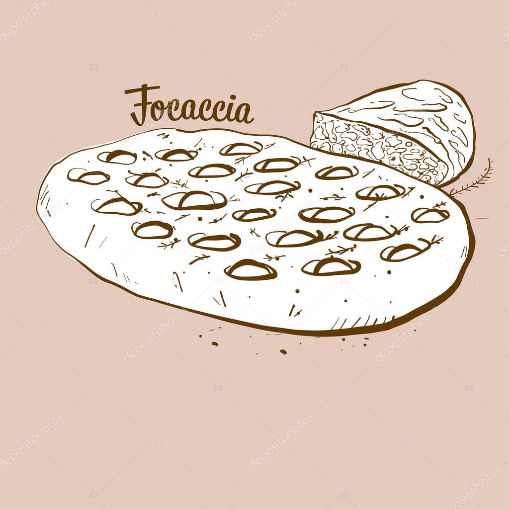 Hand-drawn Focaccia bread illustration. Yeast bread, usually known in Italy. Vector drawing series.