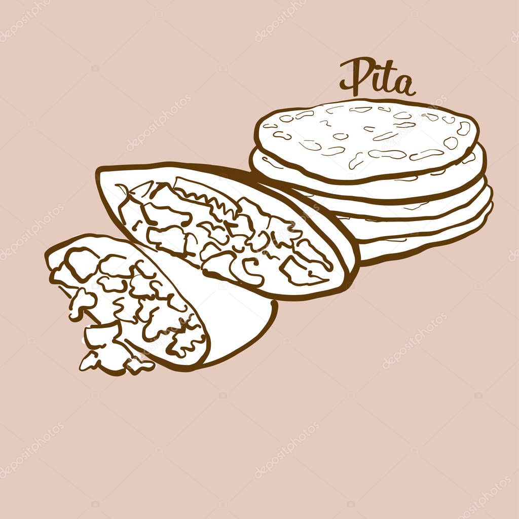 Hand-drawn Pita bread illustration. Flatbread, usually known in Near East, Greece. Vector drawing series.