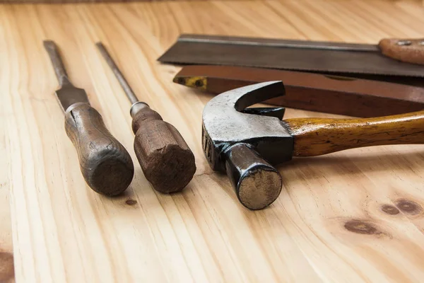 Old Vintage Wood Tool Wooden Background Saw Hammer Screwdrive Handle — Stock Photo, Image