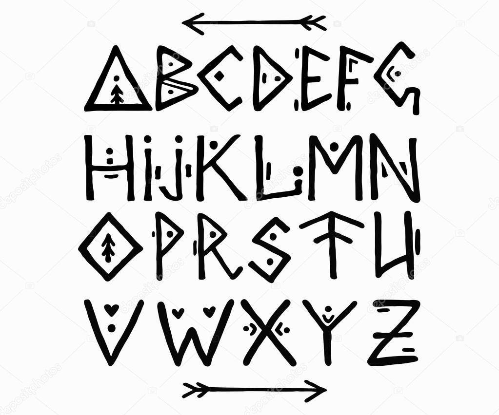 Ethnic font in scandinavian style. ABC hand drawn letters. Ancient calligraphy