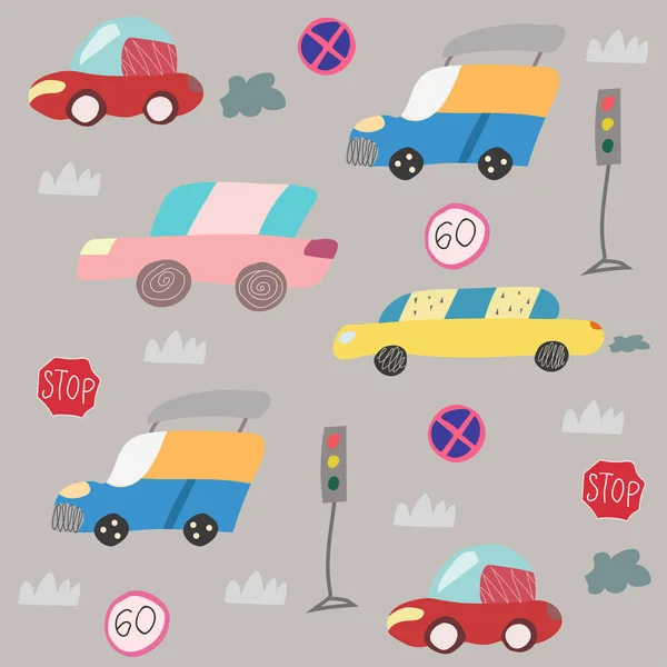 Modèle sans couture avec voiture dessinée à la main sur la route. Style scandinave pour enfants . — Image vectorielle