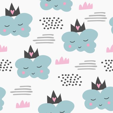 Güzel bulut ile Seamless şirin modeli. İskandinav tasarım çocuklar için. Çizim çocuklar.