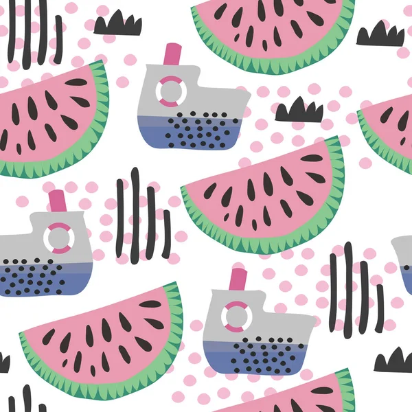 Söta sömlös barnslig mönster med vattenmelon och fartyg. Tropiska illustration. För barnkläder, textil, inslagning. — Stock vektor